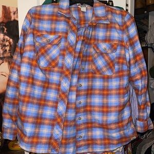 Duluth Trading Co Folklore Flannel in Blue and Orange Plaid